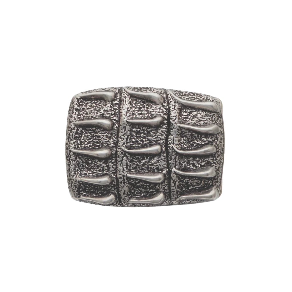 Textured silver rectangular belt buckle with a geometric drop or teardrop pattern, a stylish fashion accessory with a unique Italian design.

