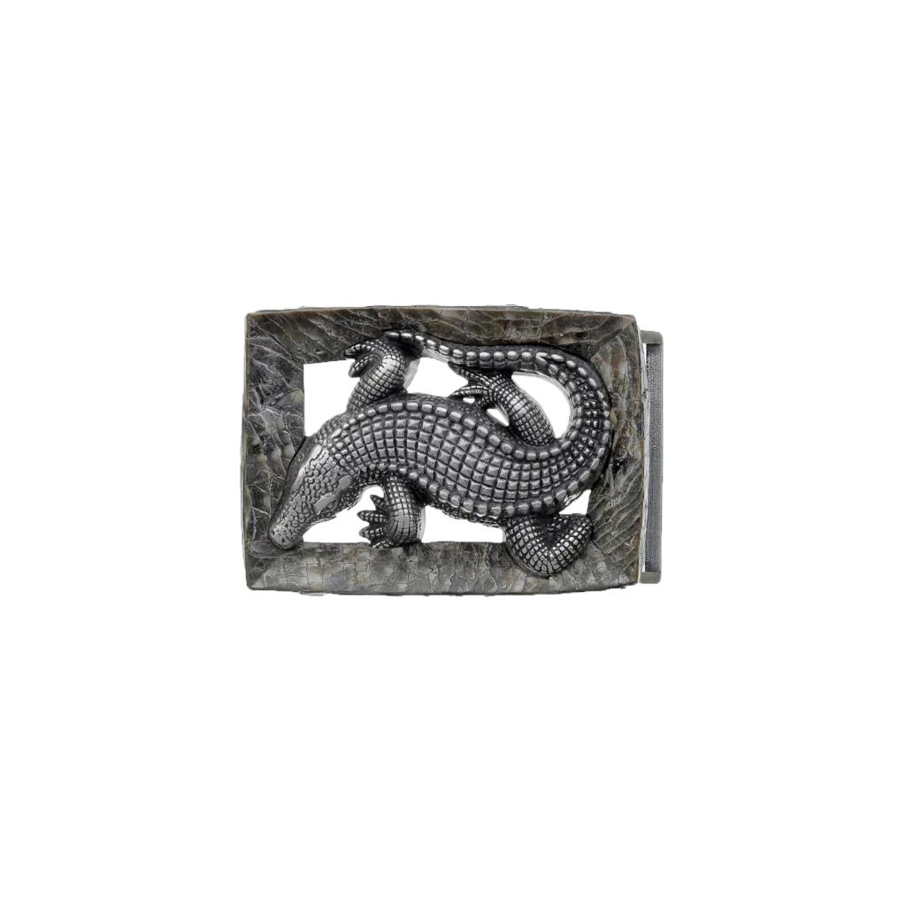 Silver crocodile belt buckle with textured reptile design on stone-like frame, unique fashion accessory for men’s belts