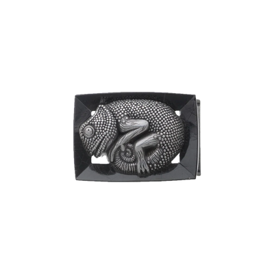 Silver chameleon belt buckle with black stone background, reptile animal design fashion accessory with detailed lizard texture