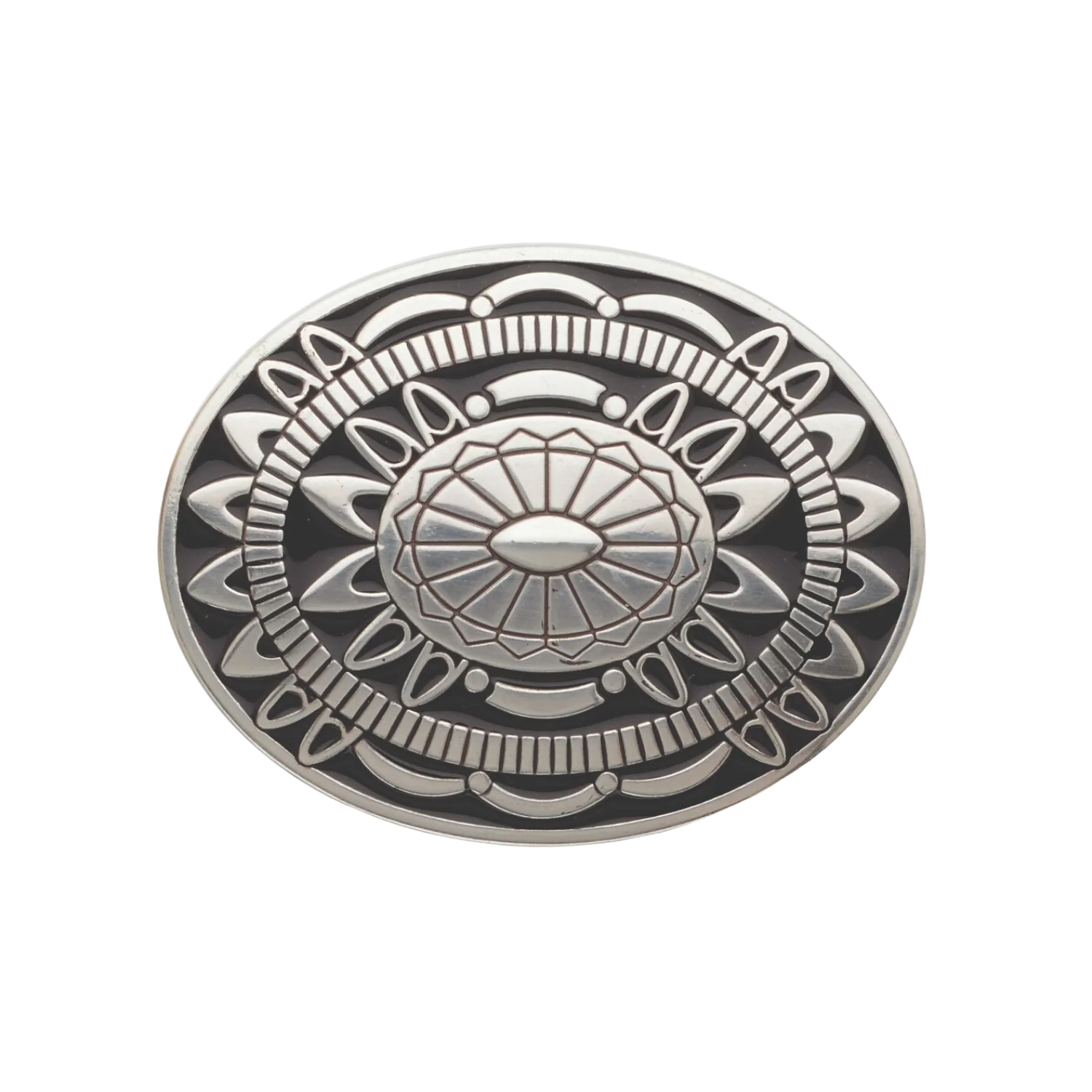 Ornate Sunburst Medallion 40mm belt buckle in English Silver + Enamel.