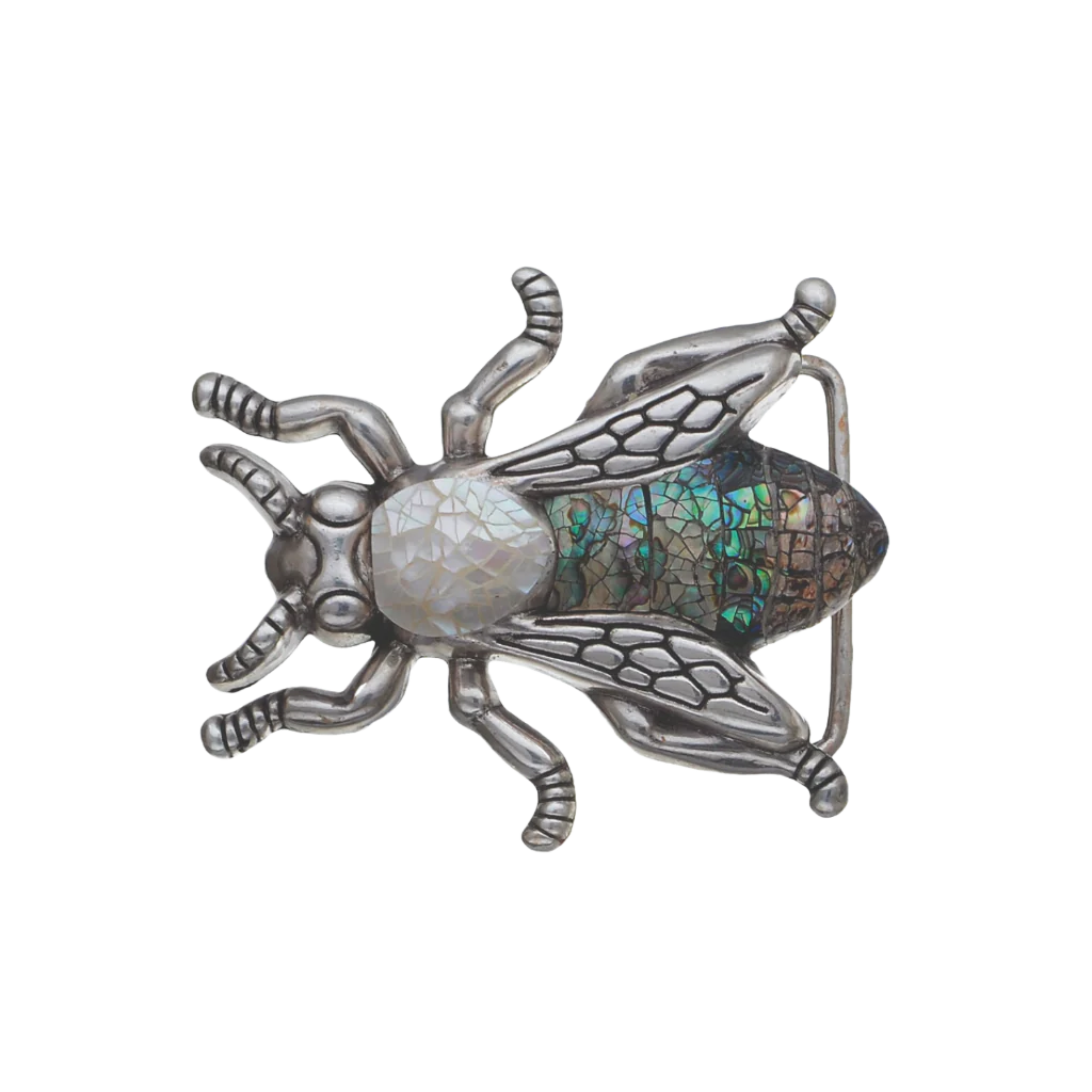Silver insect belt buckle with abalone shell inlay, bee fly bug themed fashion accessory, iridescent western belt hardware