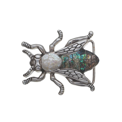 Silver insect belt buckle with abalone shell inlay, bee fly bug themed fashion accessory, iridescent western belt hardware