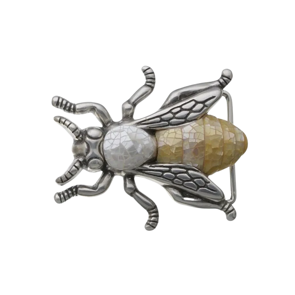 Bee-shaped belt buckle, silver wings with cracked white thorax and yellow shell inlay abdomen, isolated on transparent background
