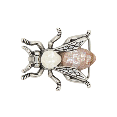 Silver bee buckle with cracked pearl thorax and light pink abalone-style abdomen, transparent background