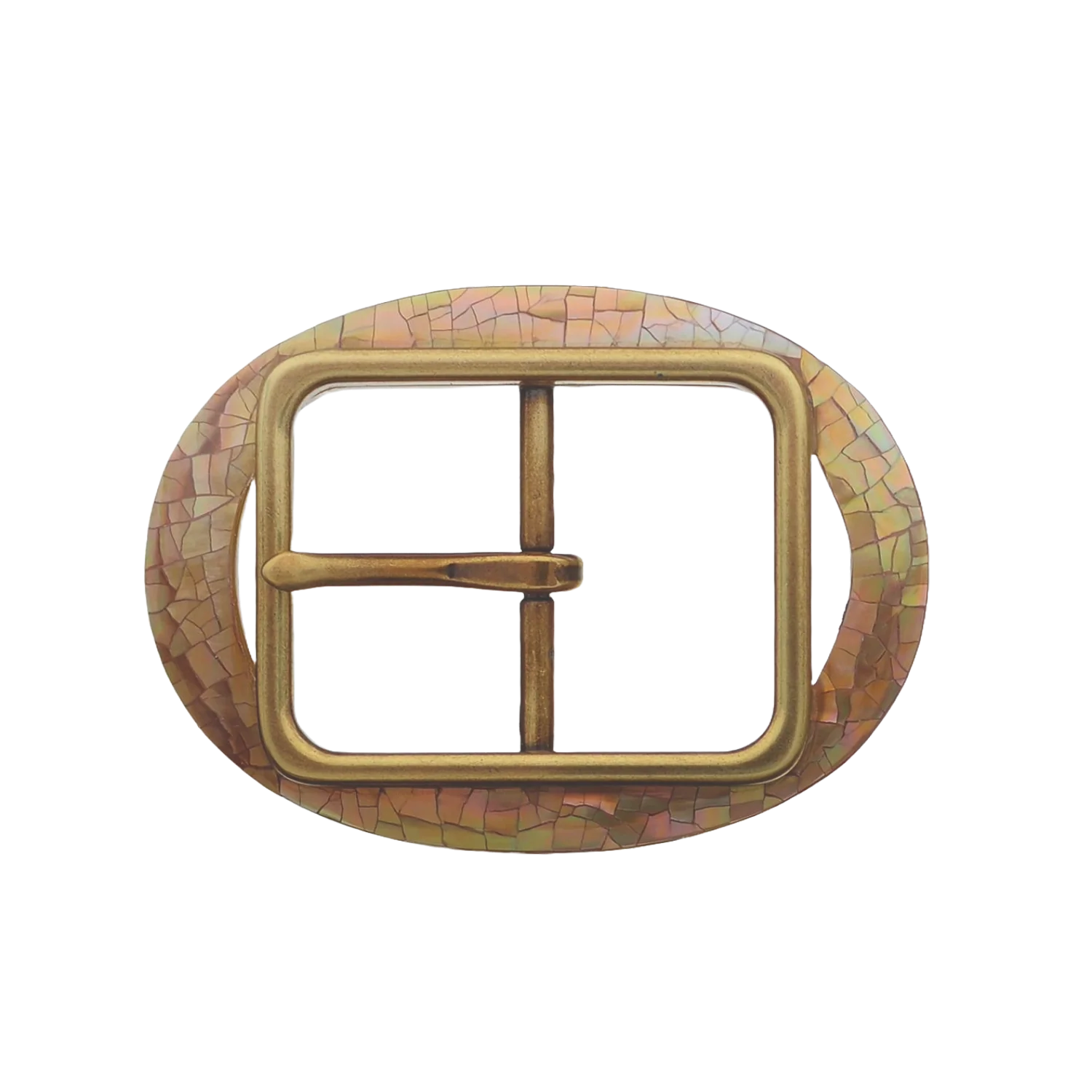 Oval 40mm belt buckle in Old Gold with cracked brown lip mother of pearl.
