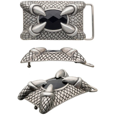 Dragon claw 40mm belt buckle with jet stone. English Silver finish over zamak, Italian-made for bold and stylish leather belts.