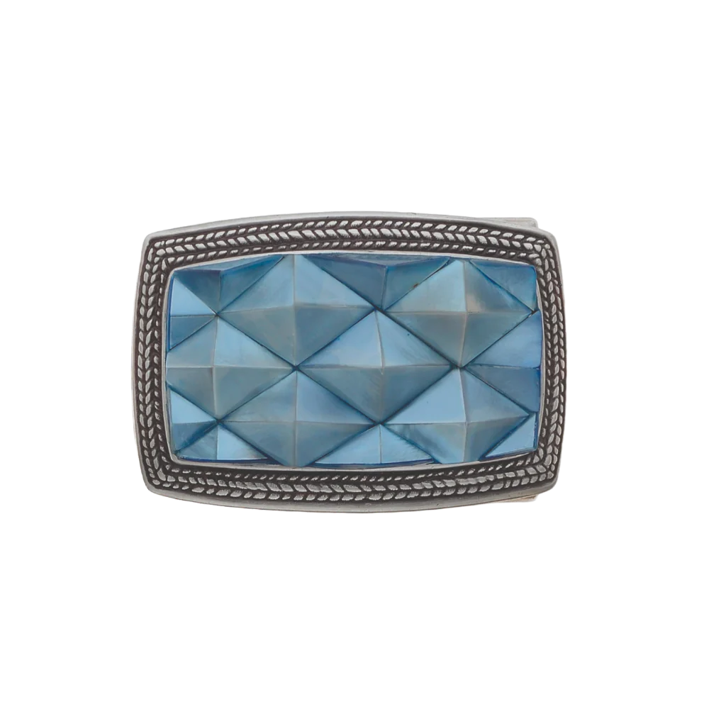 Polished silver belt buckle with a textured braided border and a large rectangular light blue glass centerpiece with a faceted diamond pattern, a modern fashion accessory with an Italian design.

