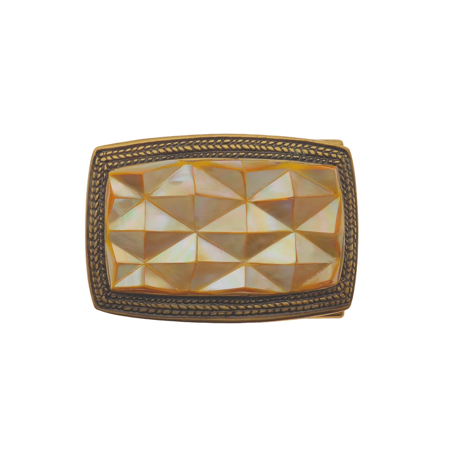 Geometric Mosaic 40mm belt buckle in Old Gold + Solid Yellow Mother of Pearl.