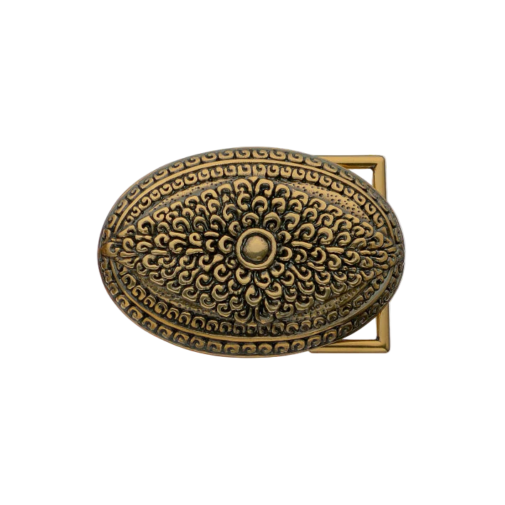 Textured bronze oval belt buckle with a detailed floral filigree design and a smooth rounded center, a stylish fashion accessory with a vintage Italian design.

