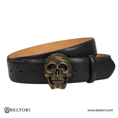 Engraved Skull Old Gold Complete Belt – Black Croc Leather