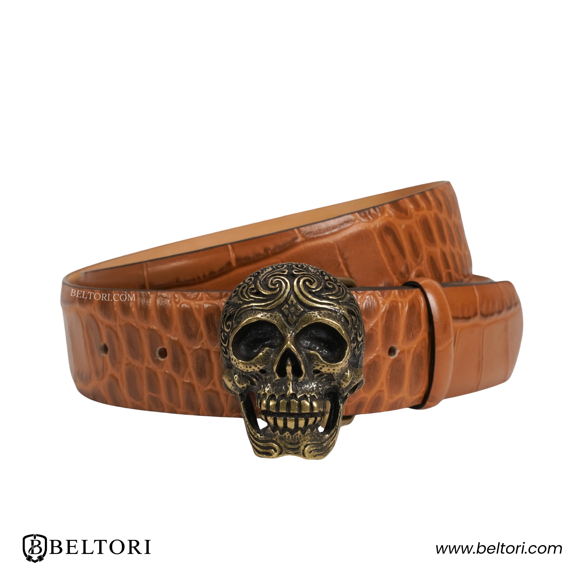 Engraved Skull Old Gold Complete Belt with Detailed Skull Buckle – Brown Leather