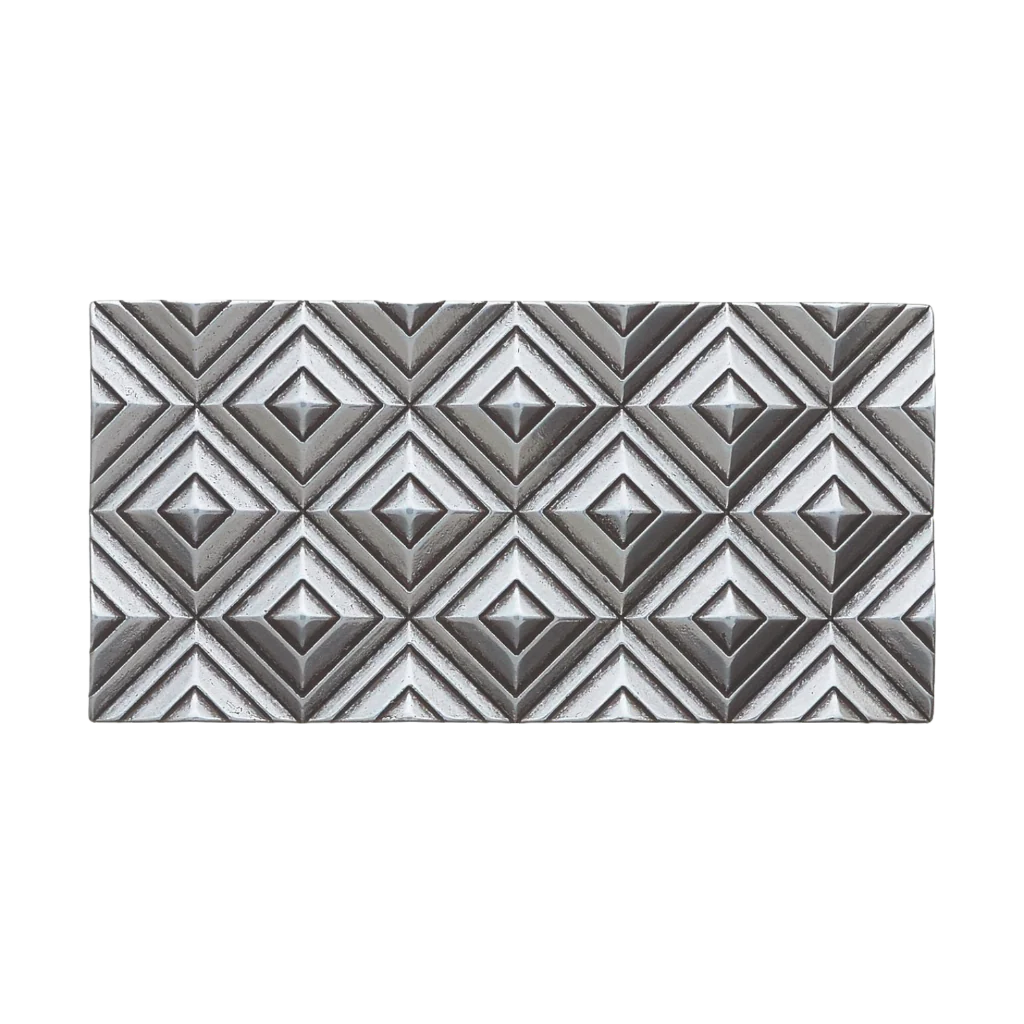 Heavy duty rectangular belt buckle with a 3D geometric diamond pattern, a modern fashion accessory with a contemporary Italian design.

