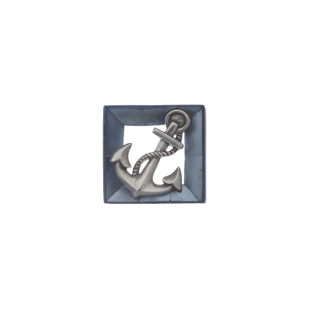 Squared light blue belt buckle with a detailed silver anchor design, a perfect fashion accessory for a nautical-themed look and a unique Italian design.

