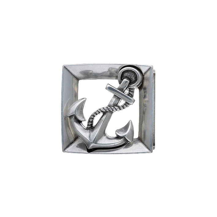 Squared polished silver belt buckle with a detailed anchor design, a perfect fashion accessory for a nautical-themed look and a unique Italian design.

