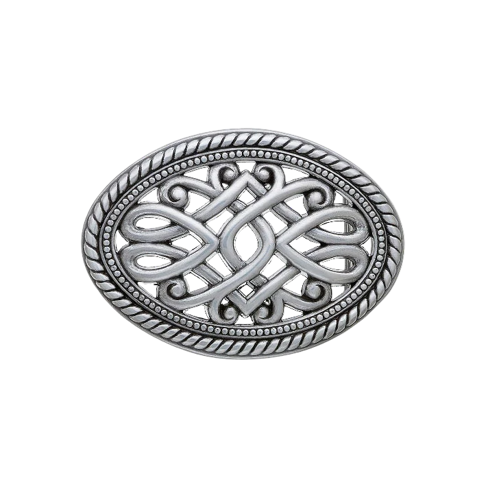 Detailed oval silver belt buckle featuring a Celtic knot design and a textured rope border, a stylish fashion accessory with a beautiful Italian design.

