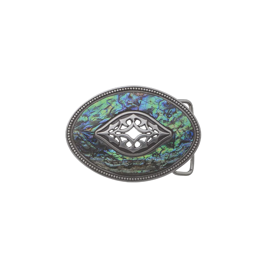 Oval polished silver belt buckle with a studded border and a striking abalone shell centerpiece, overlaid with a unique silver Italian design, a beautiful fashion accessory.

