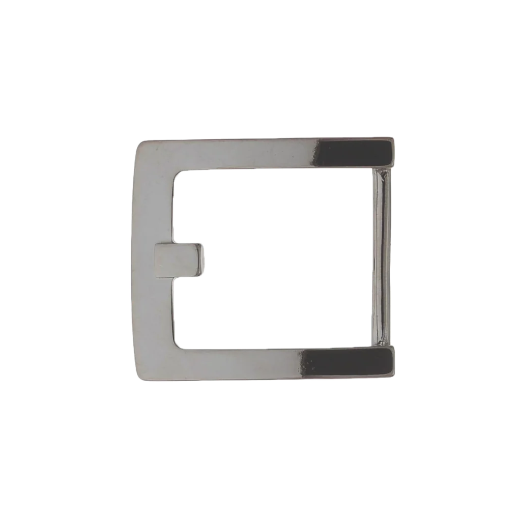 Square-frame 40mm belt buckle in Shiny Gun Metal finish.