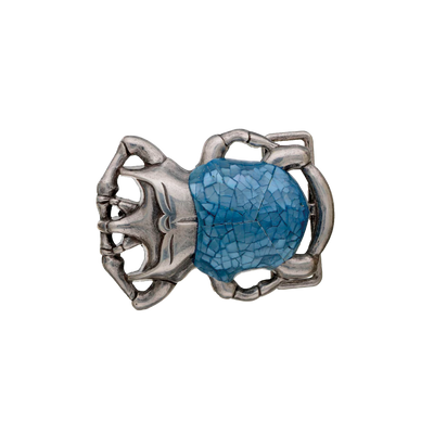 Silver scarab beetle belt buckle with turquoise blue mosaic inlay shell, Egyptian inspired animal fashion accessory, Italian design collectible men’s belt hardware, vintage jewelry style buckle