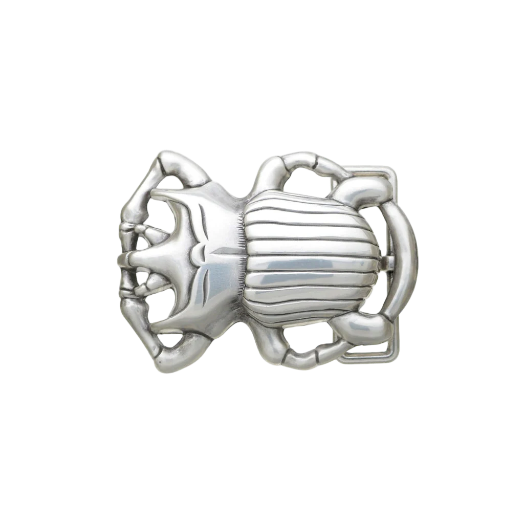 Silver scarab beetle belt buckle with polished striped shell design, Egyptian inspired insect fashion accessory, collectible men’s belt hardware, vintage Italian design statement buckle