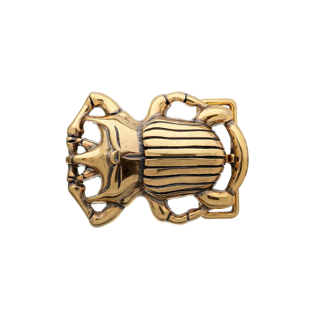 Gold scarab beetle belt buckle with engraved striped shell design, Egyptian inspired insect fashion accessory, vintage collectible men’s belt hardware, Italian design statement buckle