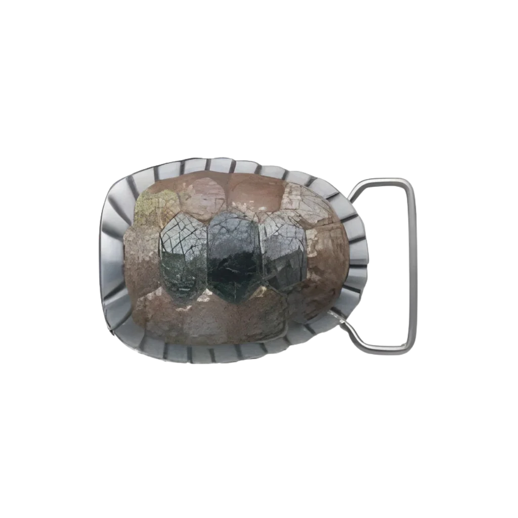Belt buckle, oval frame with fluted edge and mosaic brown-gray inlay, transparent background