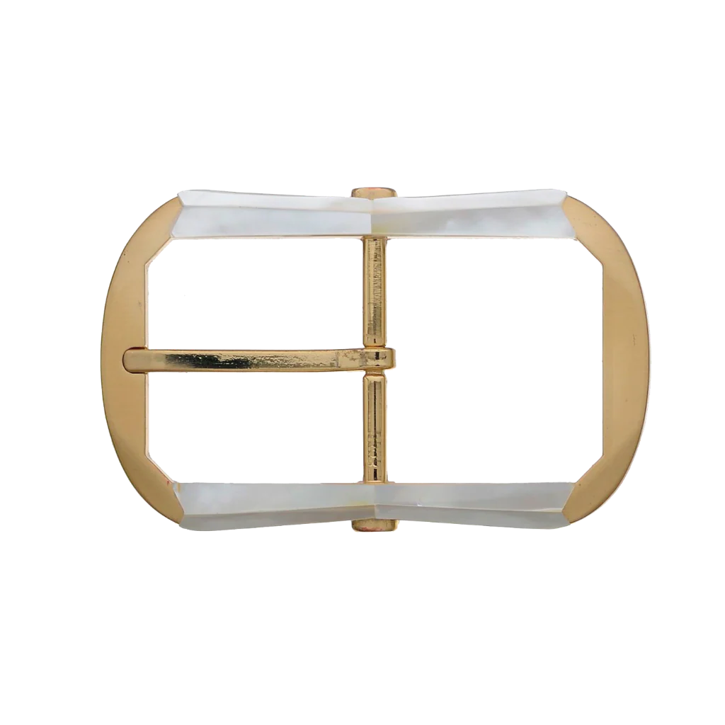 Brushed Light Gold 40mm belt buckle with solid White Mother of Pearl accents.