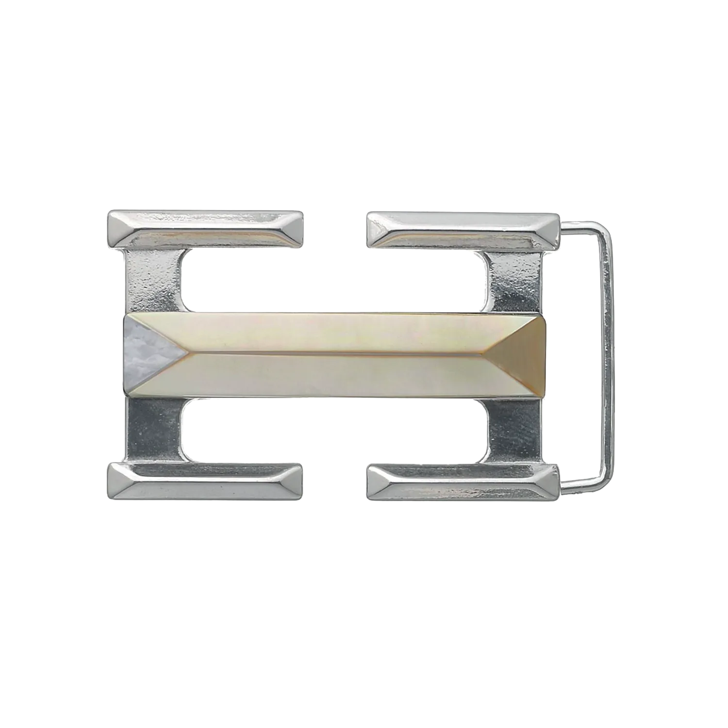 40mm Pyramid-Bar buckle in Shiny Nickelfree + Solid White and Yellow Mother of Pearl. 