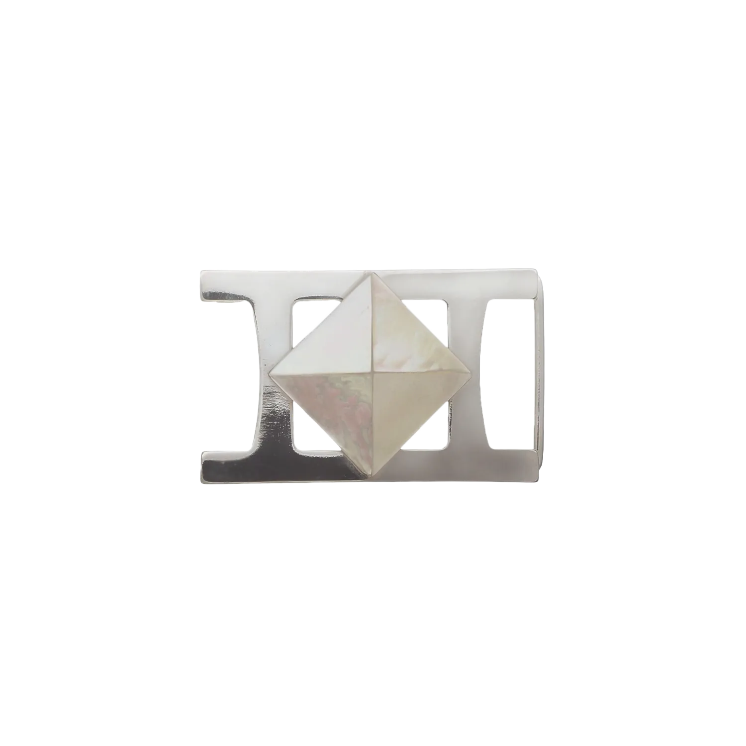 40mm Pyramid-Stud Belt Buckle in Shiny Nickelfree + Solid White Mother of Pearl. 