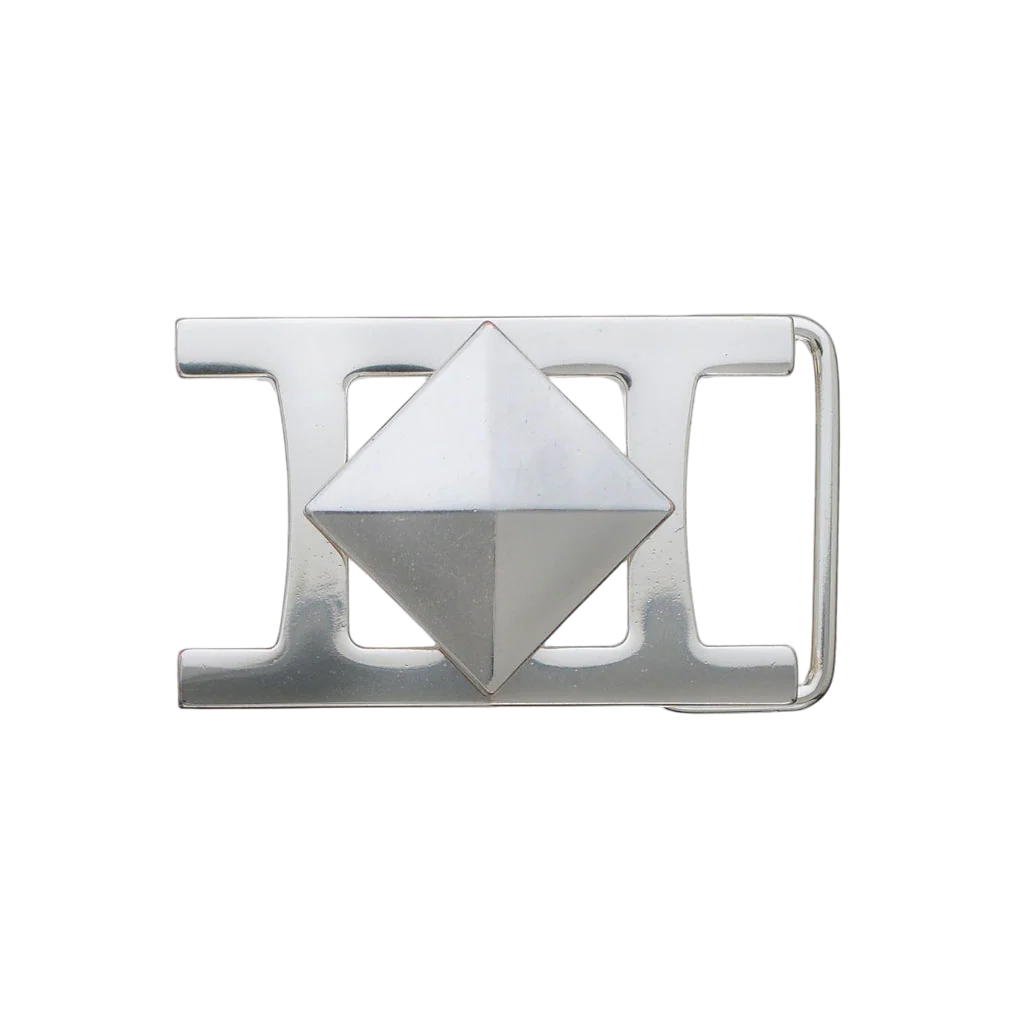 Silver pyramid belt buckle with modern geometric rectangular frame, minimalist Italian design fashion accessory, vintage men’s collectible decorative belt hardware