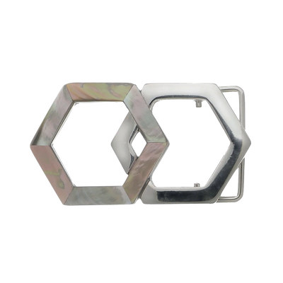 Interlocking Hexagon 40mm Belt Buckle – Shiny Nickelfree Finish + Black Lip & Brown Lip Mother of Pearl, Zamak