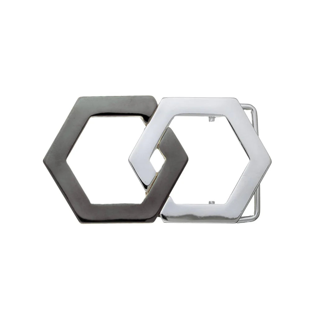 Dual-tone hexagonal belt buckle frames linked together, gunmetal and chrome finish, isolated
