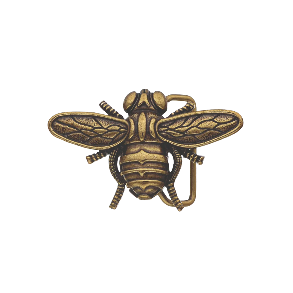 Bee-shaped belt buckle, antique gold finish with detailed wings and segmented body, isolated on transparent background