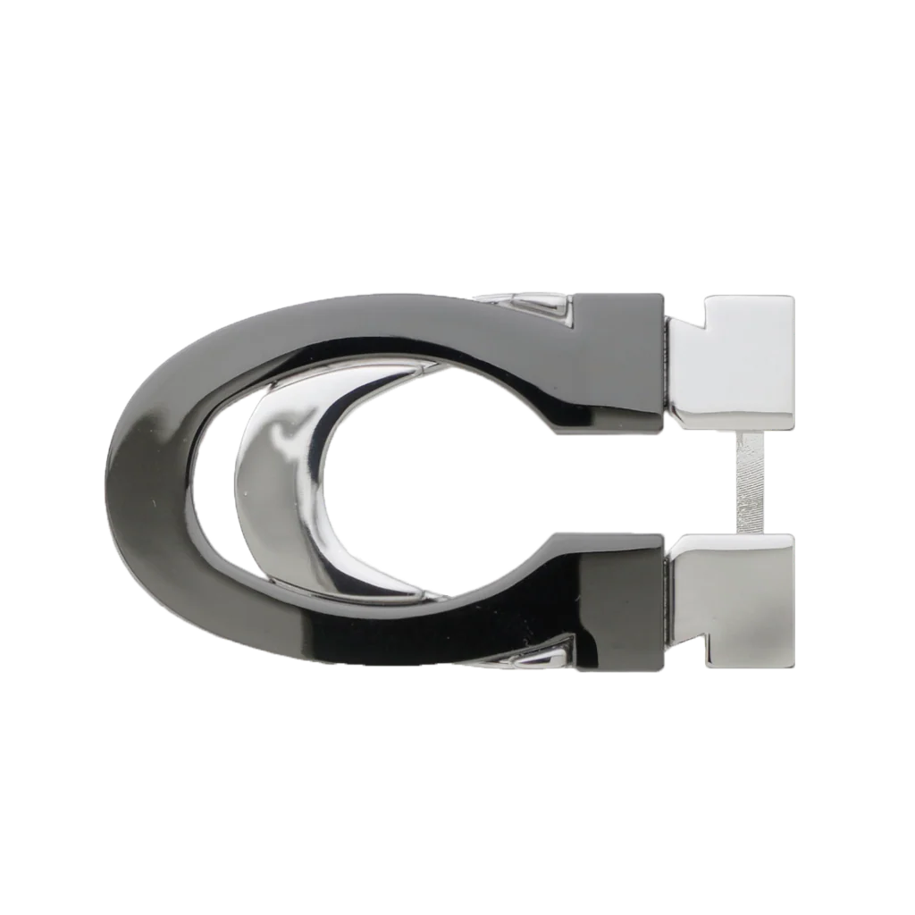 C-shaped belt buckle with hinged end, glossy gunmetal outer frame and polished inner loop, isolated on transparent background