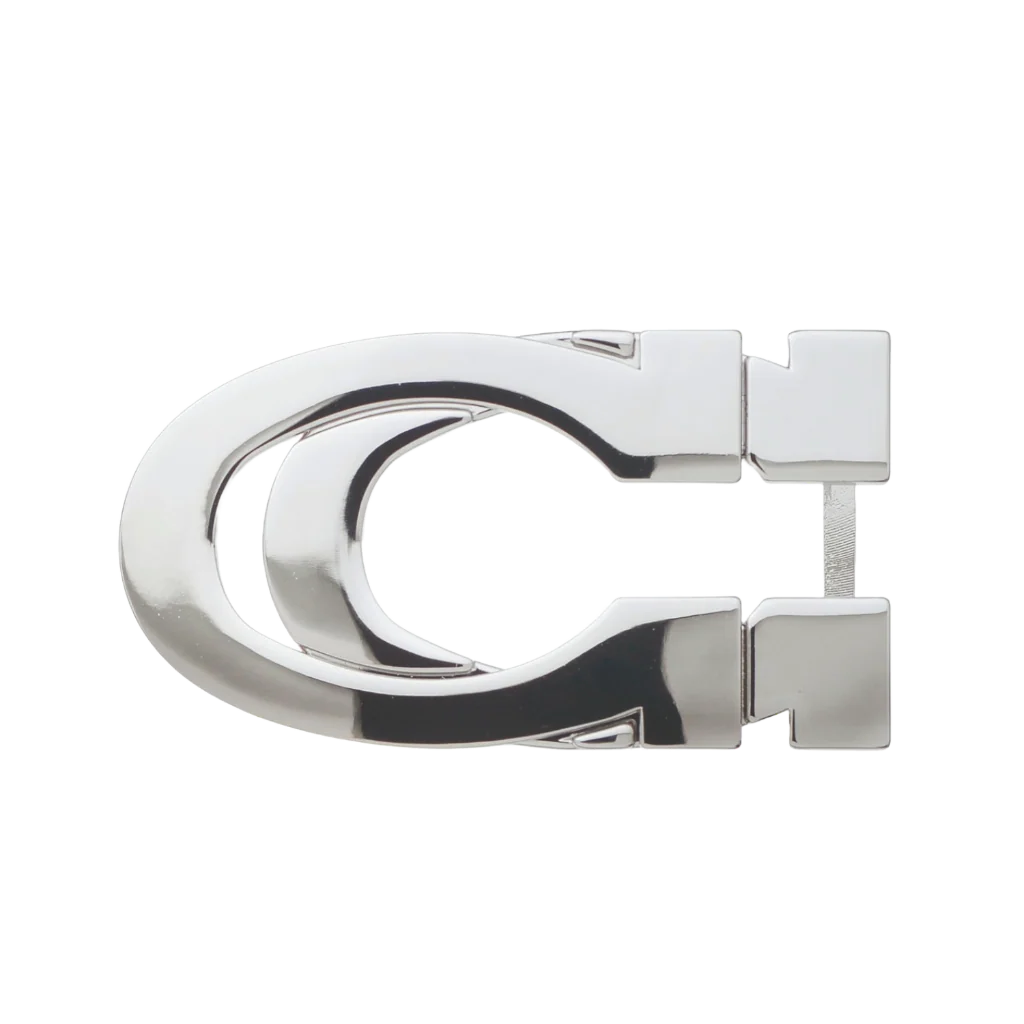 C-shaped belt buckle with hinge pin, polished silver finish, isolated on transparent background