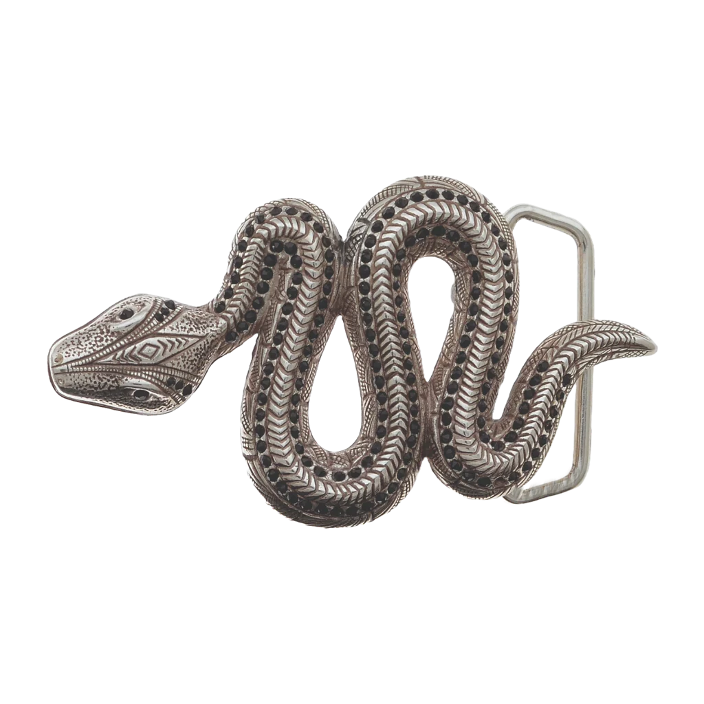 Intricate silver snake belt buckle with a detailed Art Deco-style pattern, a bold and unique fashion accessory with a beautiful Italian design.

