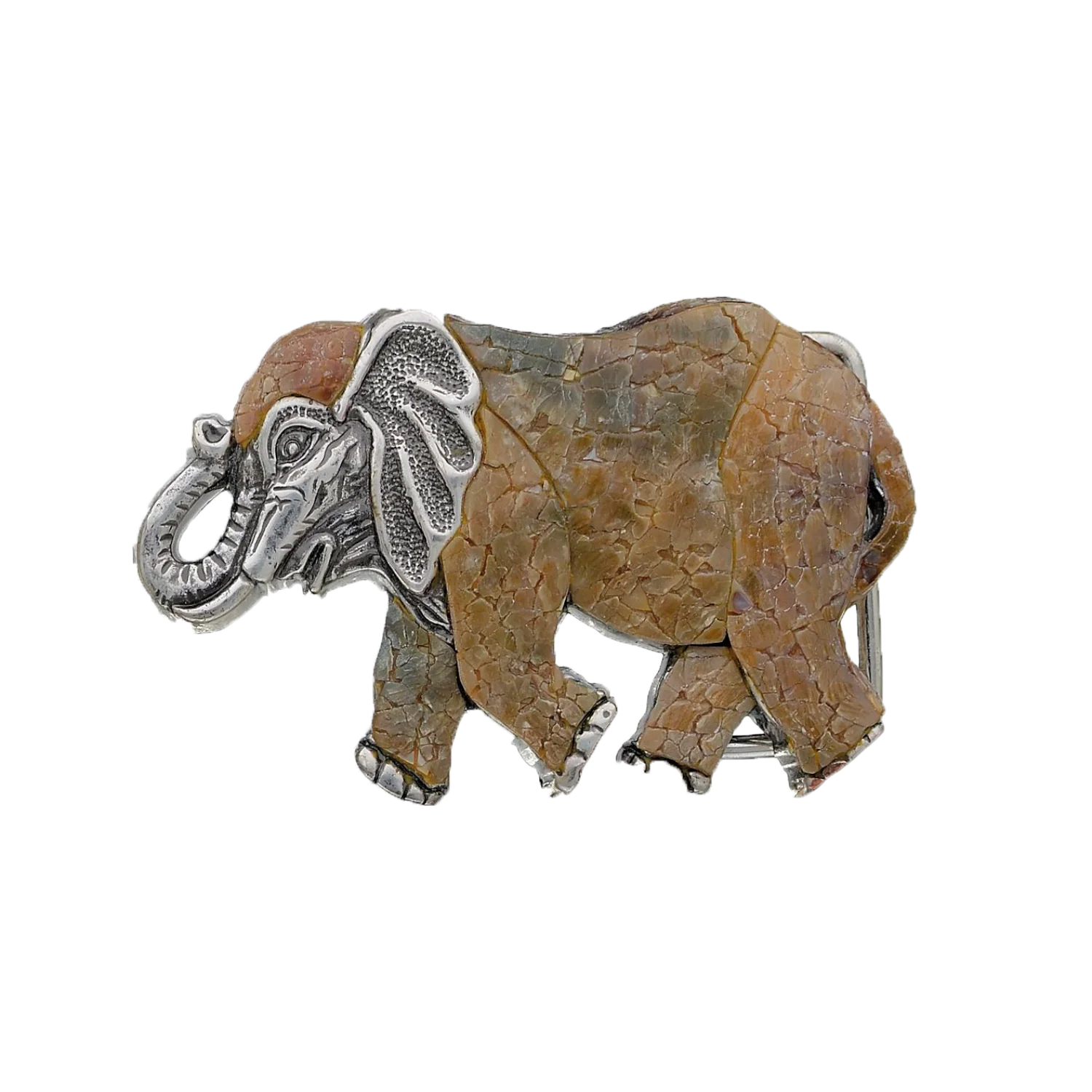 Elephant 40mm belt buckle in English Silver + Cracked Raw Mother of Pearl.