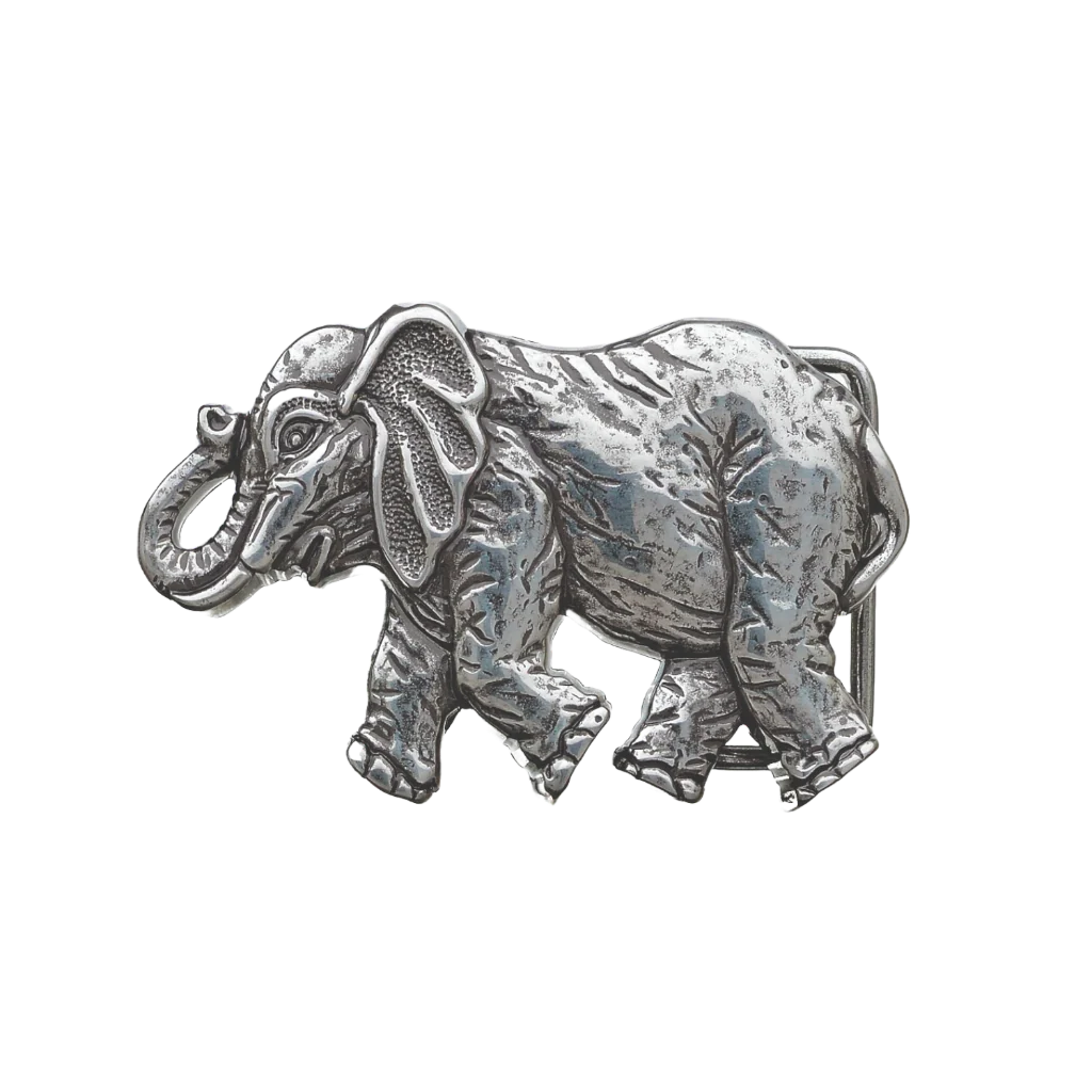 A detailed, silver-toned elephant belt buckle, serving as a unique fashion accessory. The piece is sculpted in a walking pose with its trunk raised, featuring a textured and intricate design that suggests a high-quality Italian design aesthetic.