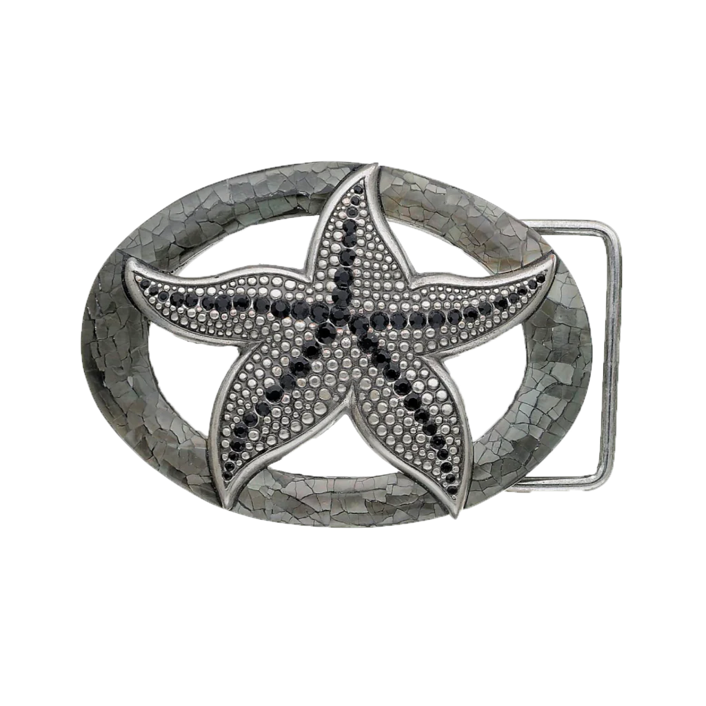 Silver starfish belt buckle with gemstone accents and cracked shell inlay, nautical marine life fashion accessory, Italian design inspired vintage buckle, men’s collectible decorative belt hardware