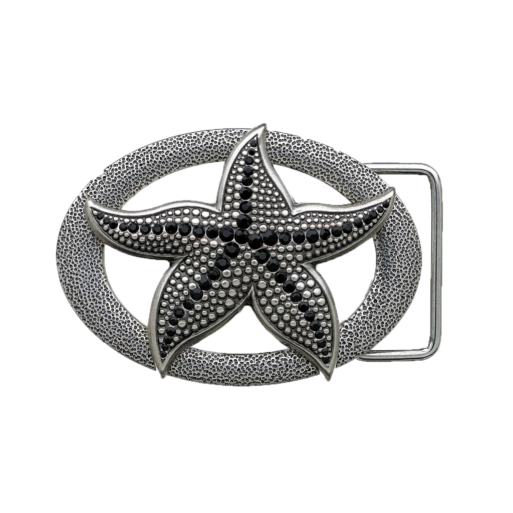 A detailed, oval-shaped metallic belt buckle. This stylish fashion accessory features a central starfish adorned with black and silver studs, set against a textured, pebbled frame, with a look that suggests an Italian design aesthetic.