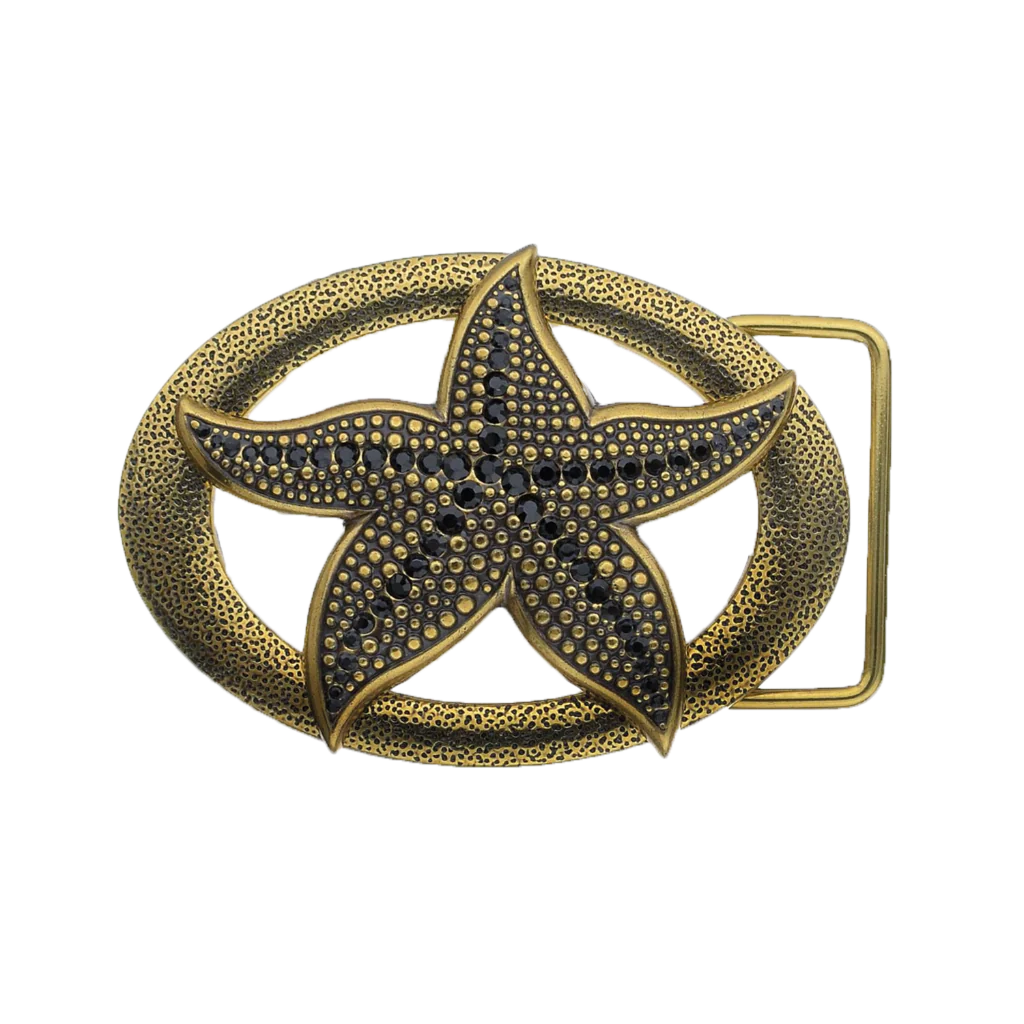 A detailed, oval-shaped belt buckle. This stylish fashion accessory features a central starfish adorned with black and bronze-toned studs, set against a textured, antique gold frame, with a look that suggests an Italian design aesthetic.