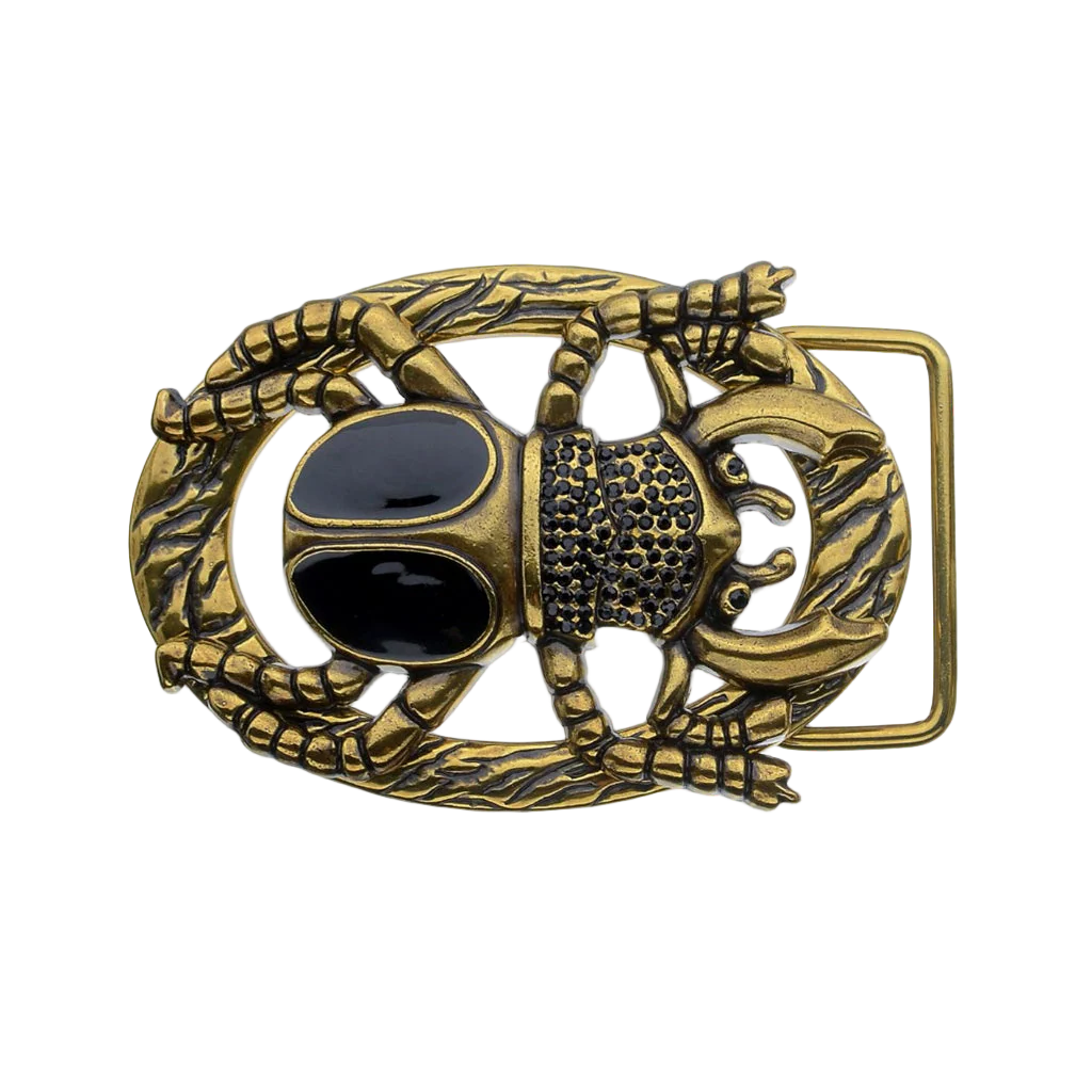Antique gold scarab beetle belt buckle with black enamel inlay, Egyptian inspired fashion accessory, Italian design vintage buckle, men’s collectible decorative belt hardware
