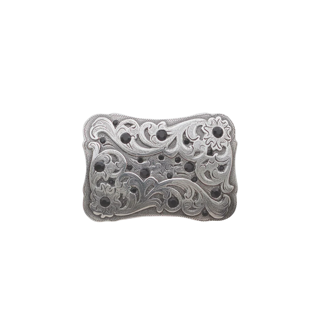 A detailed, ornate silver belt buckle. This unique fashion accessory features an intricate floral and scrollwork pattern embellished with black gems, with a look that suggests a high-quality Italian design aesthetic.