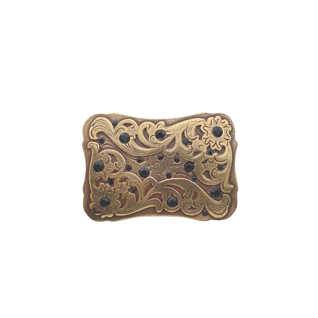 A detailed, ornate gold or bronze-toned belt buckle. This unique fashion accessory features an intricate floral and scrollwork pattern embellished with black gems, with a look that suggests a high-quality Italian design aesthetic.