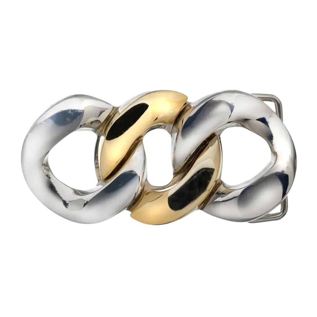 Stylish two-tone chain belt buckle featuring interlocking silver and gold links.