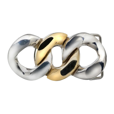 Stylish two-tone chain belt buckle featuring interlocking silver and gold links.
