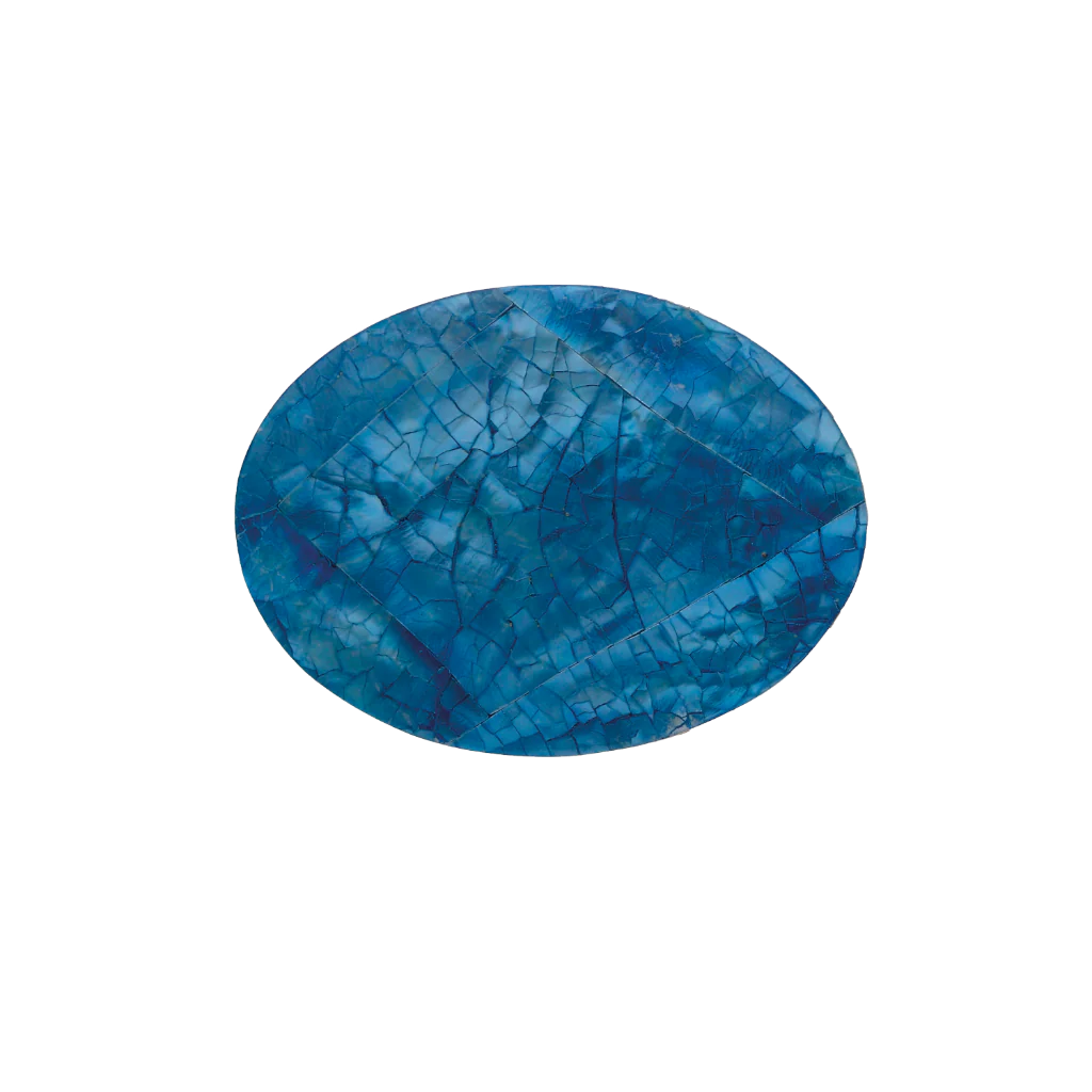 Oval belt buckle with blue mother of pearl mosaic inlay, cracked gemstone shell design, iridescent fashion accessory with natural shine, Italian design inspired vintage buckle, stylish men’s belt hardware