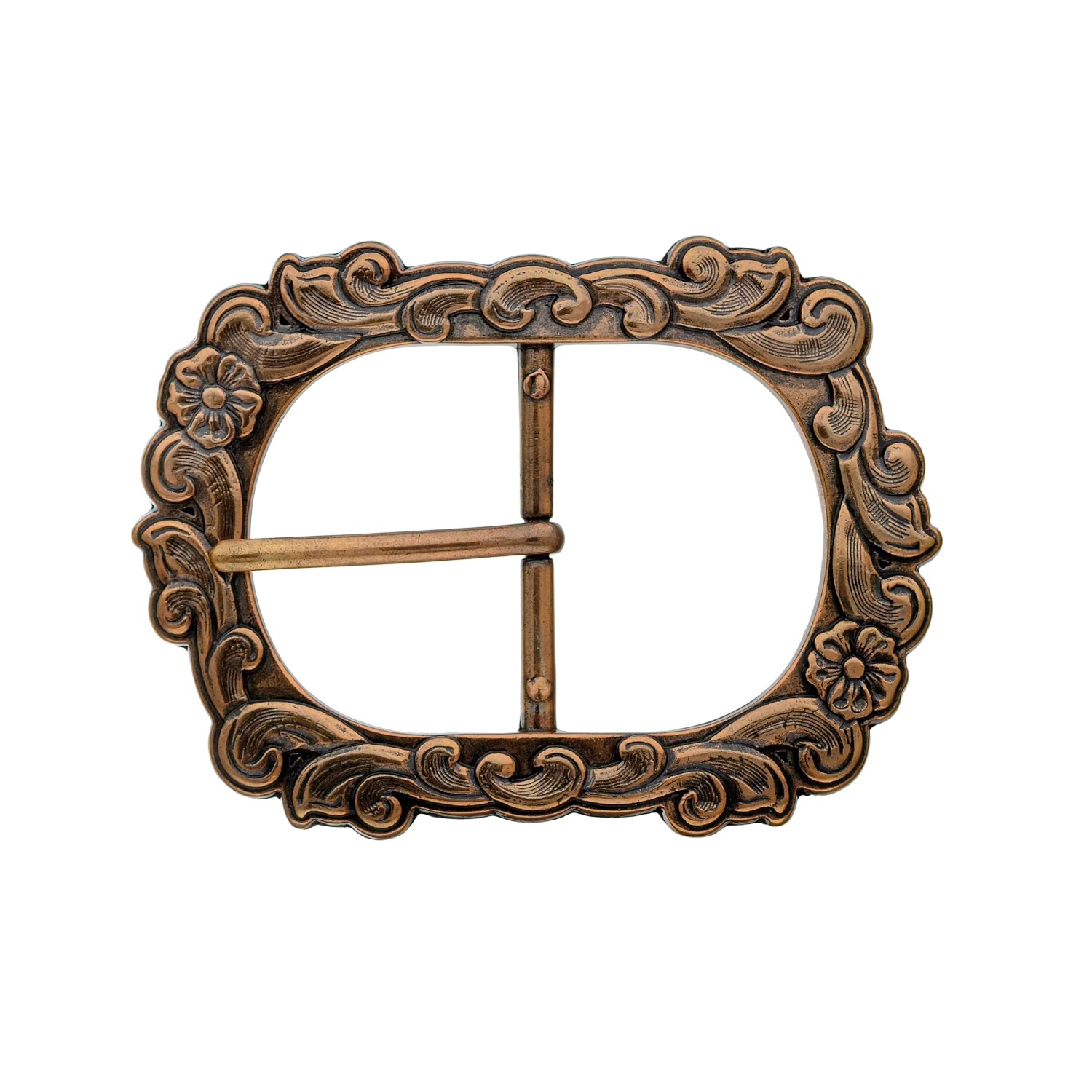 Floral Rococo 40mm belt buckle in Old Gold. 