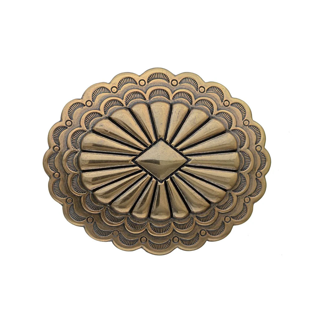 Oval bronze belt buckle with scalloped edge and diamond centerpiece, engraved western cowboy fashion accessory, Italian design inspired vintage buckle, rustic men’s belt hardware, collectible decorative accessory