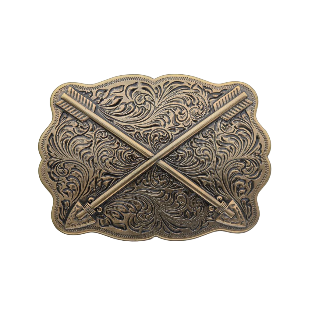 Antique bronze belt buckle with crossed arrows and ornate floral engraving, western cowboy fashion accessory, Italian design inspired vintage buckle, rustic men’s belt hardware, collectible decorative accessory