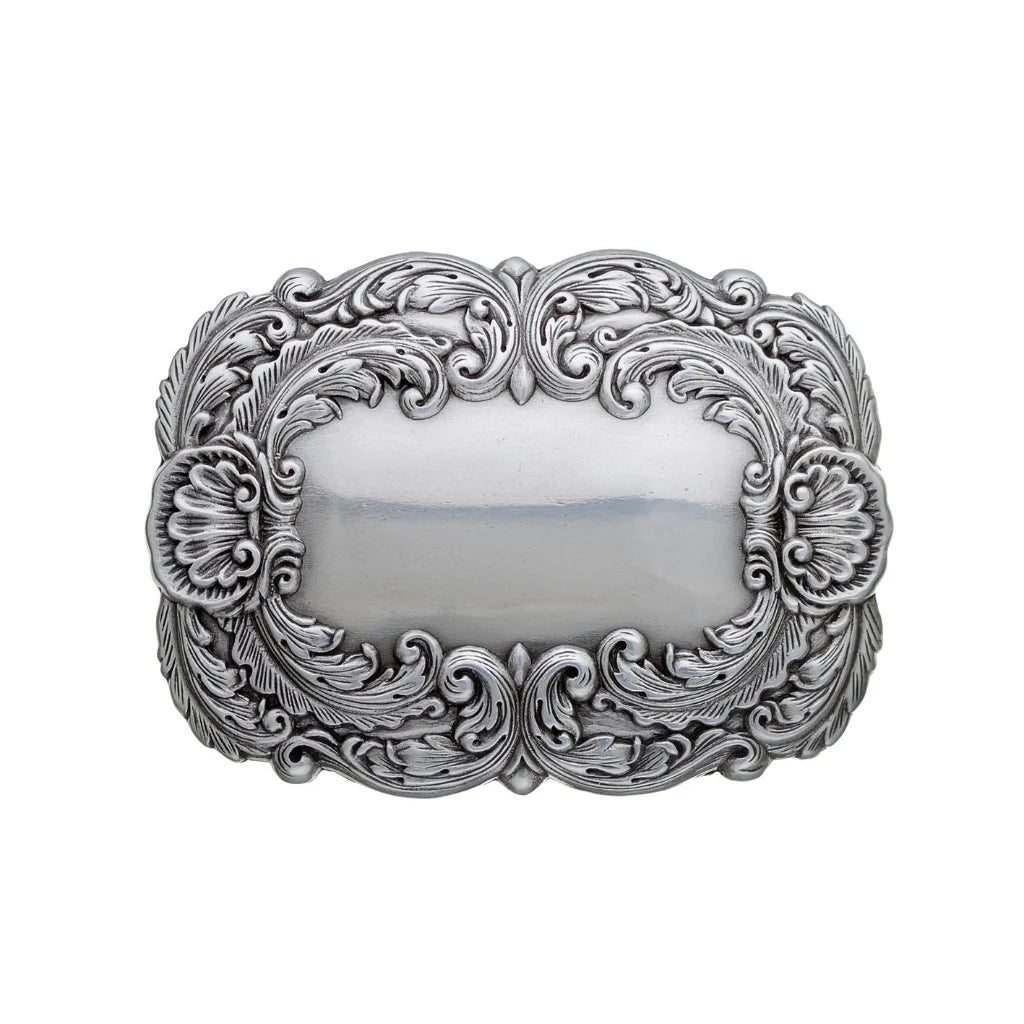 Large silver belt buckle with ornate floral scroll engraving, vintage western fashion accessory, Italian design inspired decorative buckle, men’s stylish belt hardware, collectible cowboy accessory